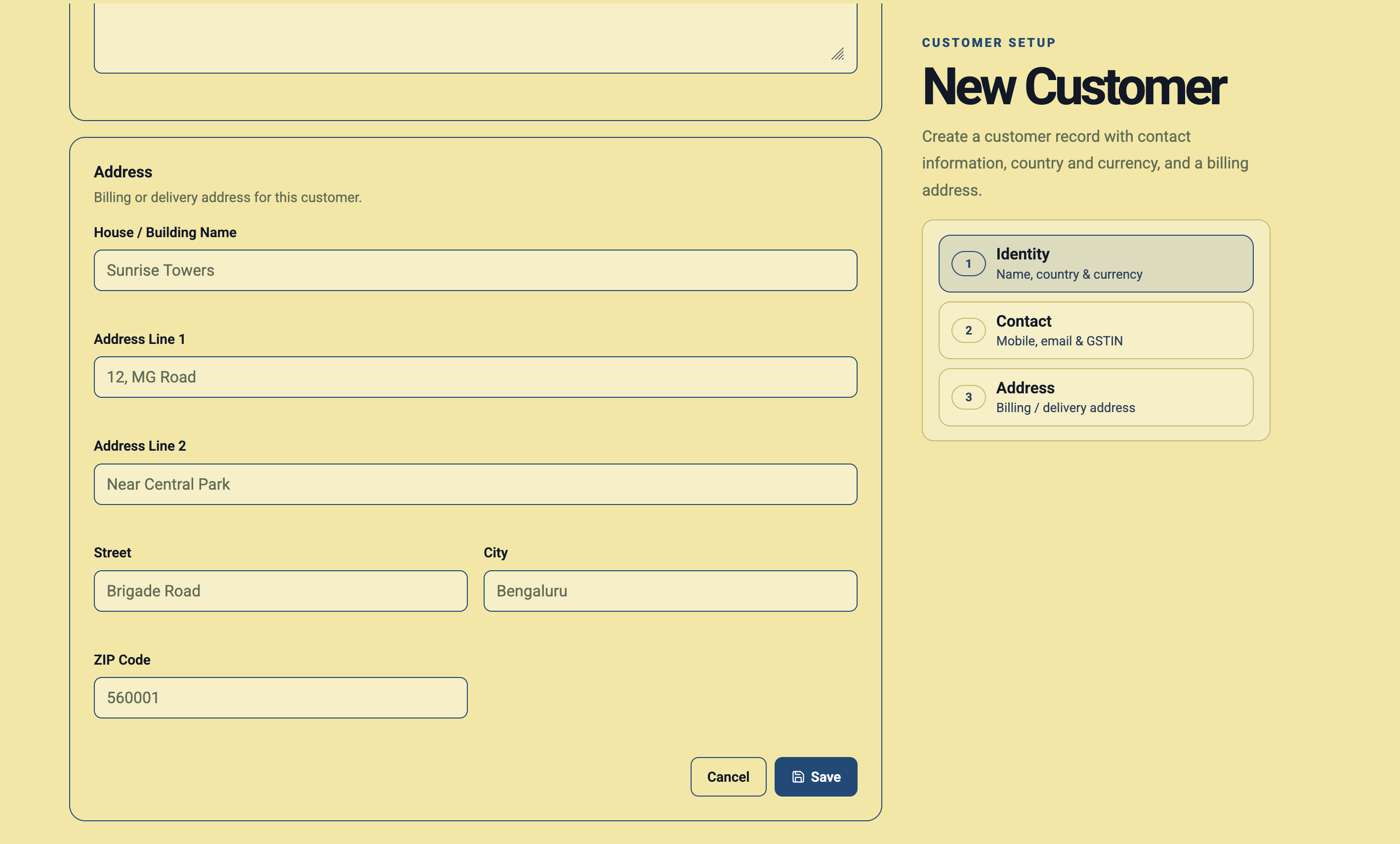 Address section of the New Customer form in Daybook.Cloud showing building, address lines, street, city, ZIP code, and Save button