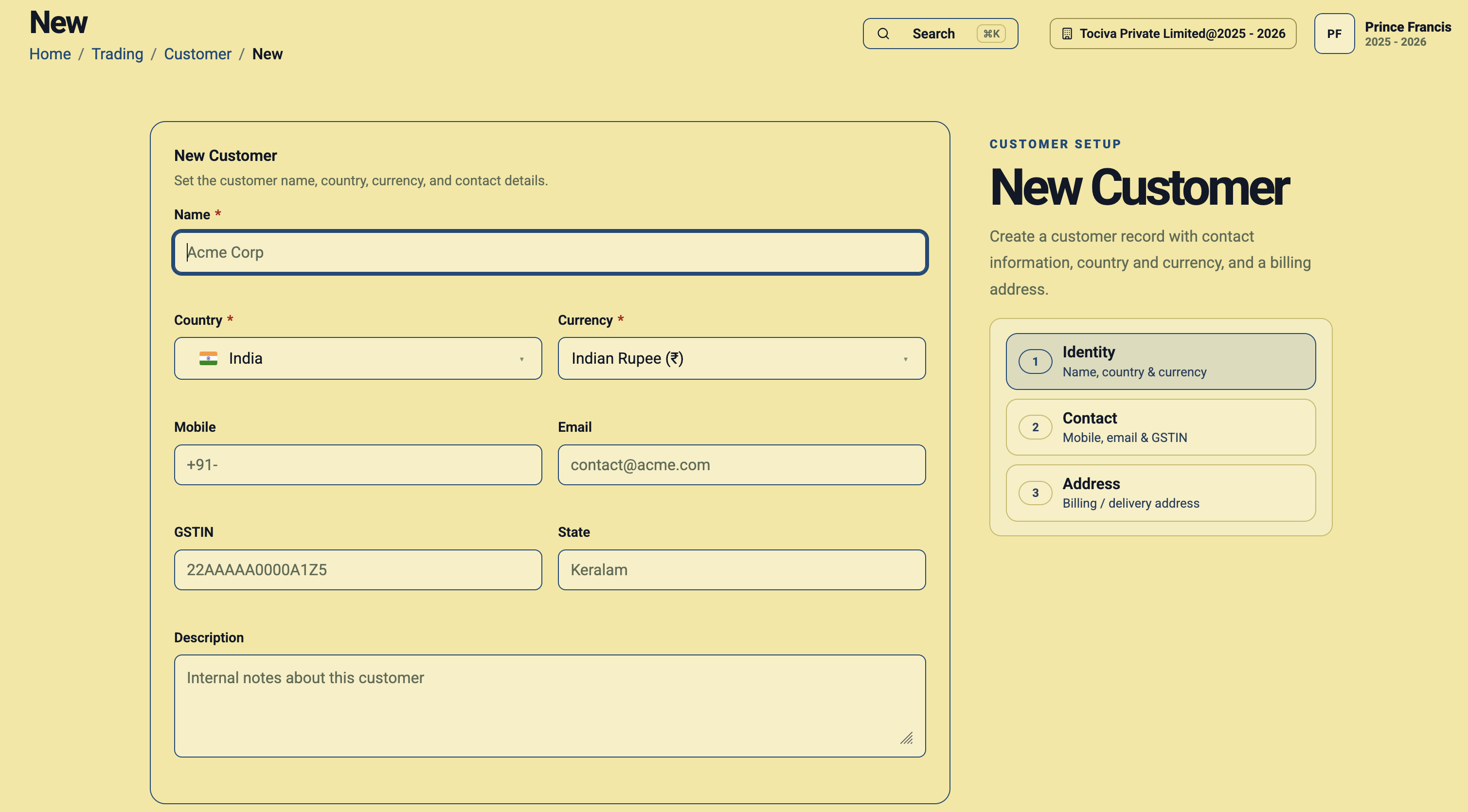 New Customer form in Daybook.Cloud showing required Country and Currency fields with contact and tax details