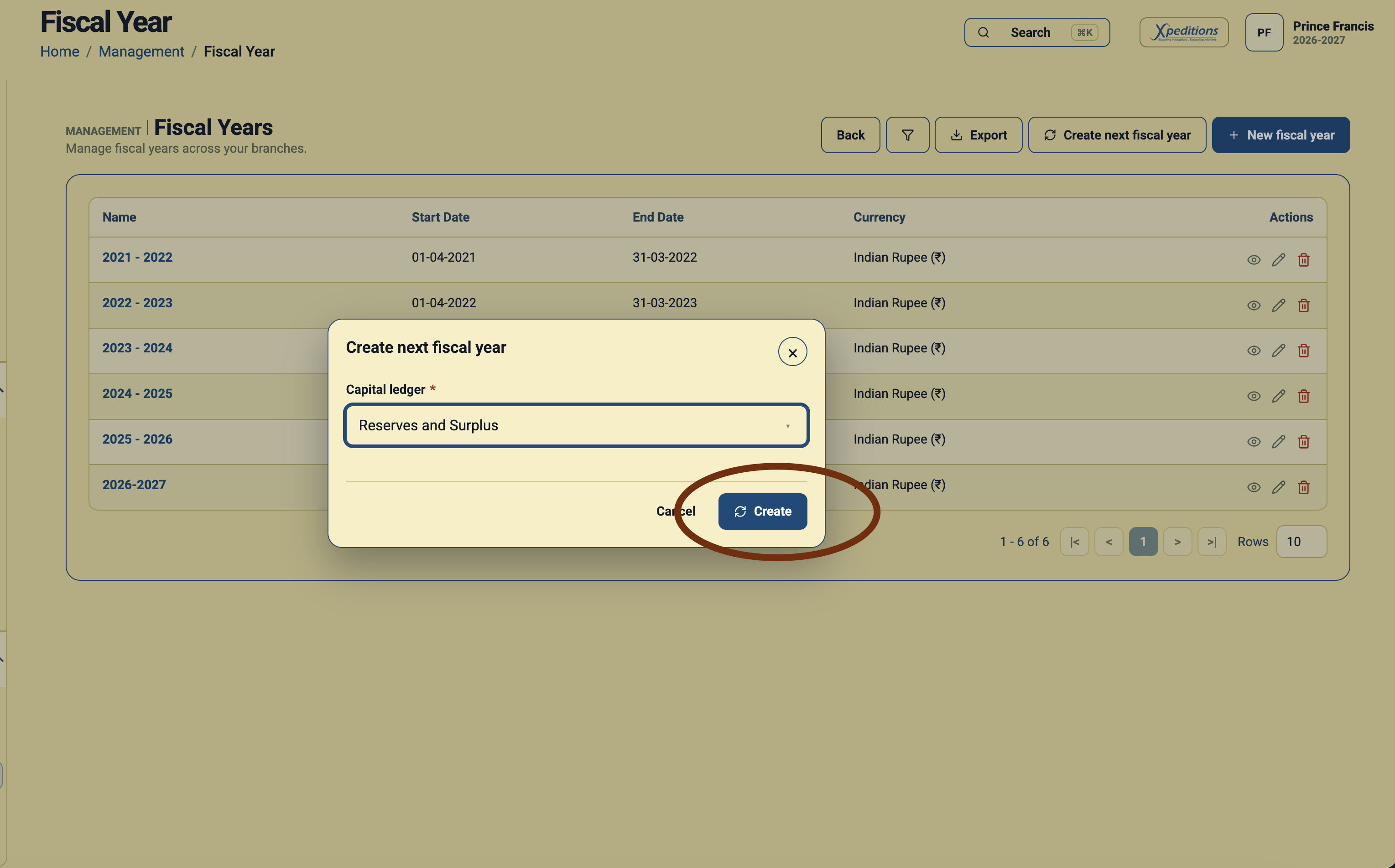 Create next fiscal year dialog with Reserves and Surplus selected and the Create button highlighted