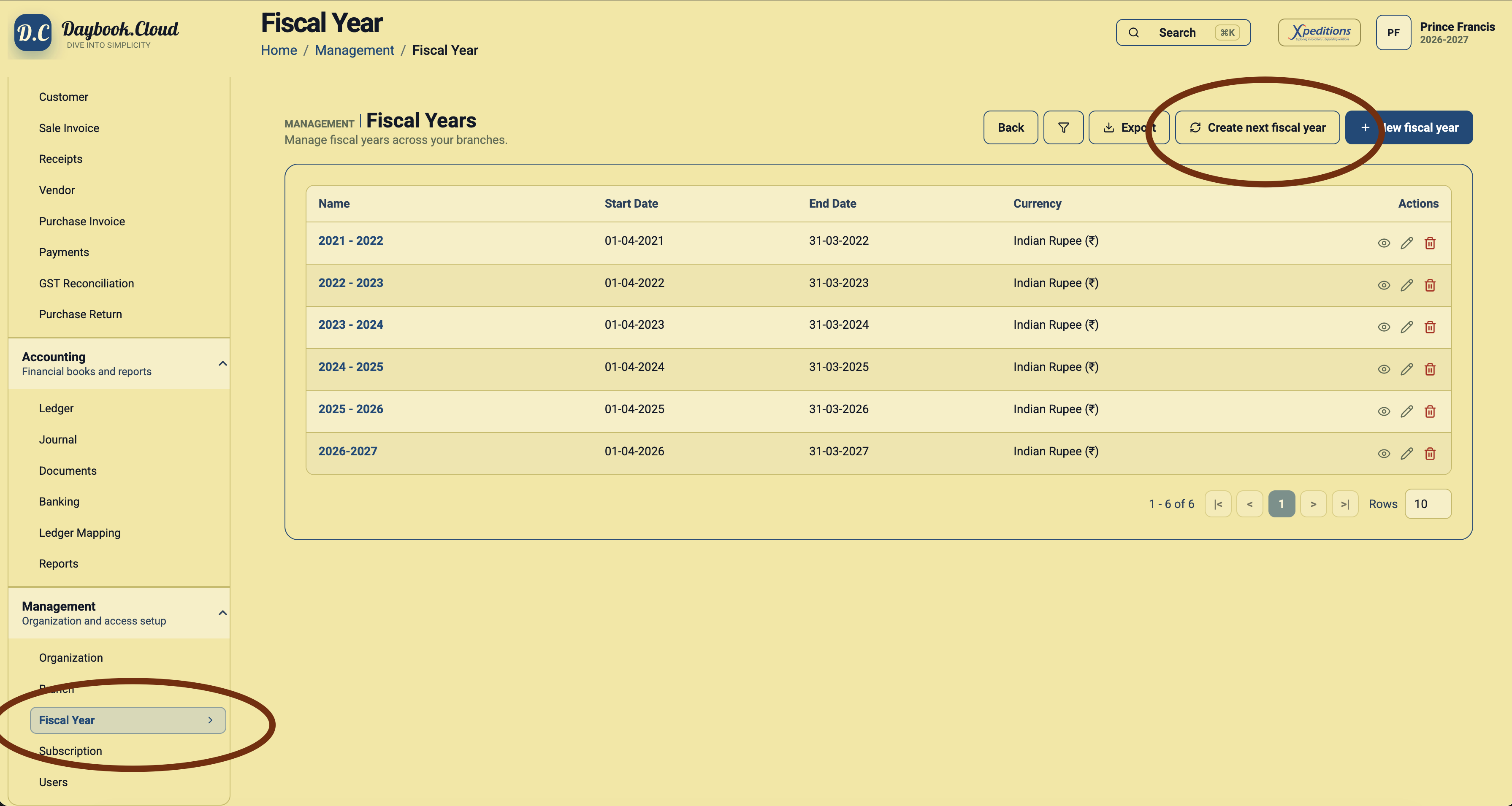 Daybook.Cloud Fiscal Year page showing the Management Fiscal Year menu and Create next fiscal year button