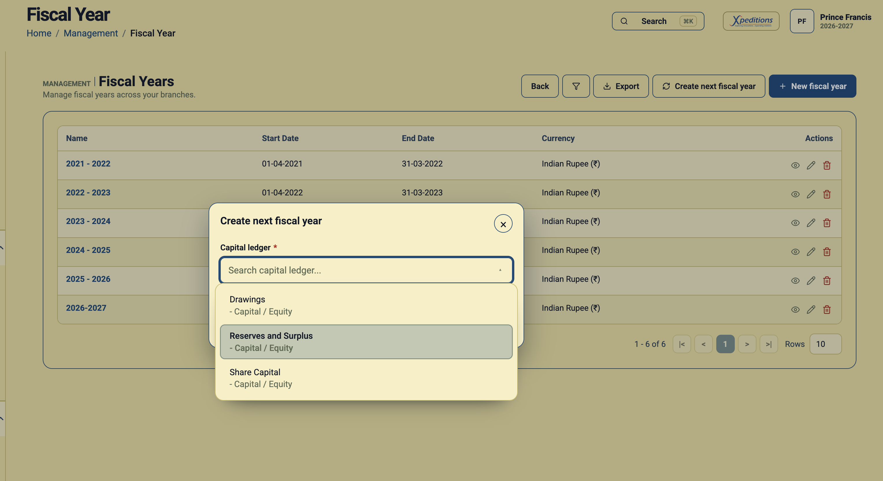 Create next fiscal year dialog showing the Capital ledger search with Drawings, Reserves and Surplus, and Share Capital options