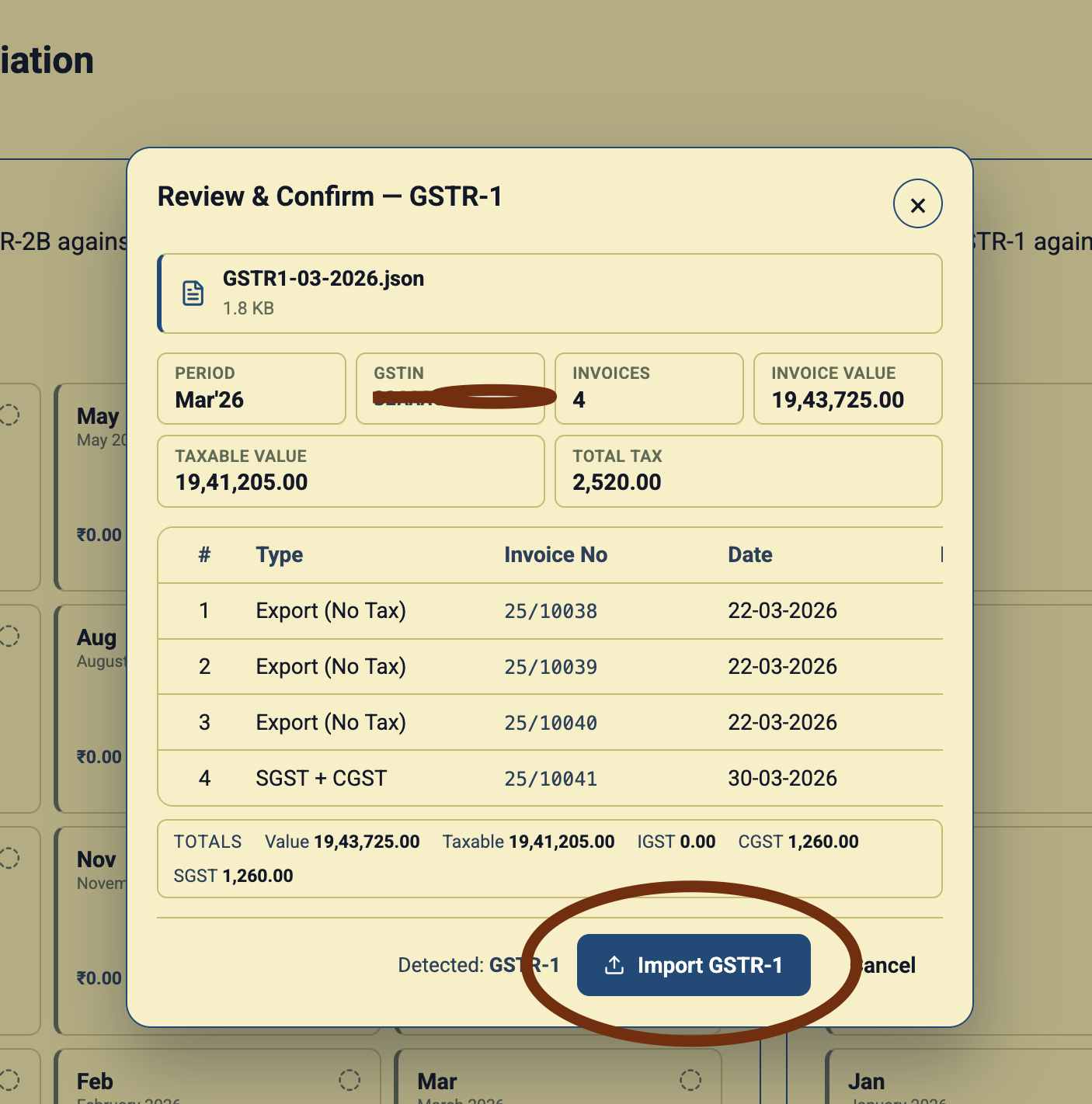 Review and Confirm modal for GSTR-1 JSON import showing period, GSTIN, invoices, invoice value, taxable value, total tax, and invoice rows