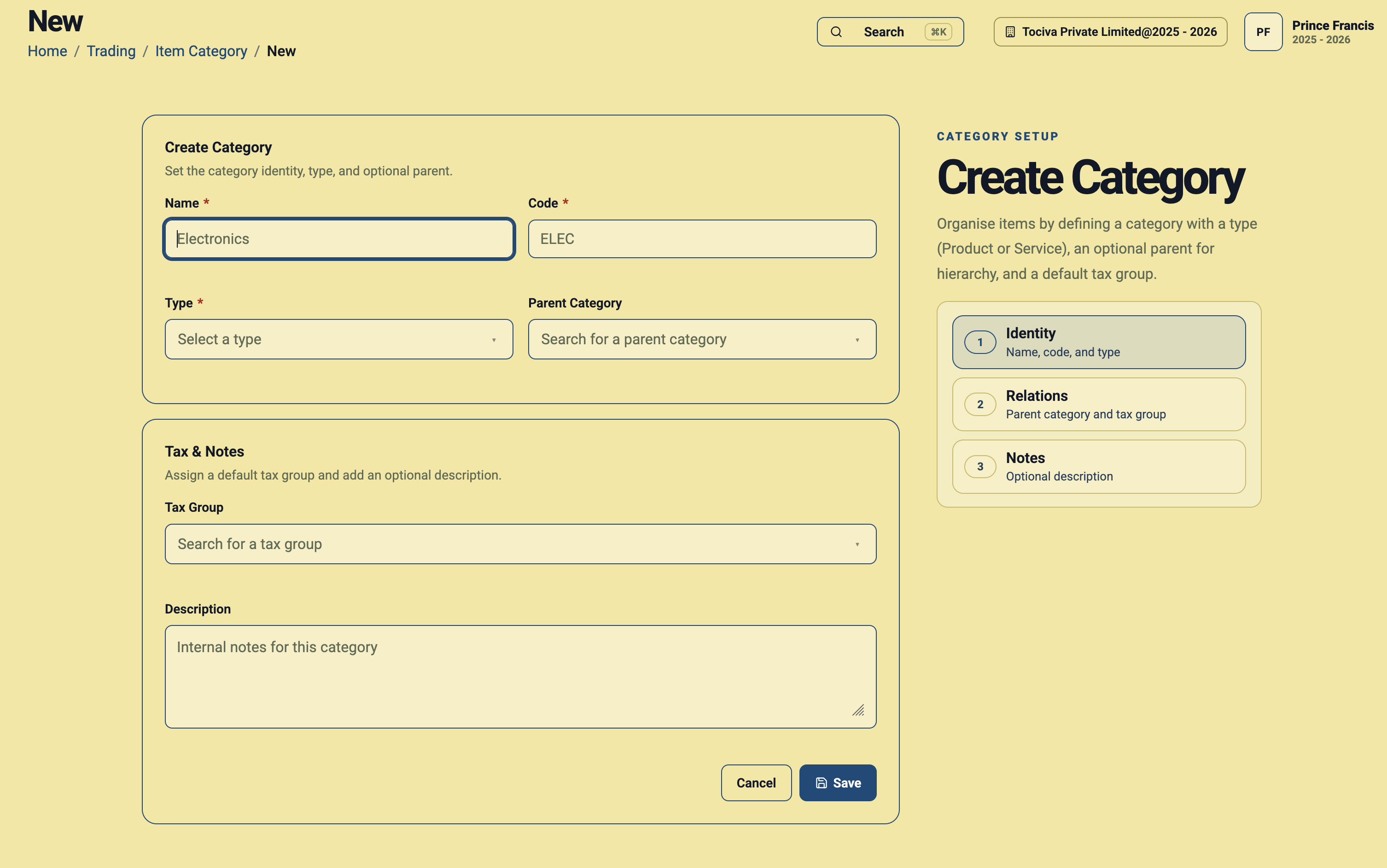 Create Category form in Daybook.Cloud showing name, code, type, parent category, tax group, description, and save button