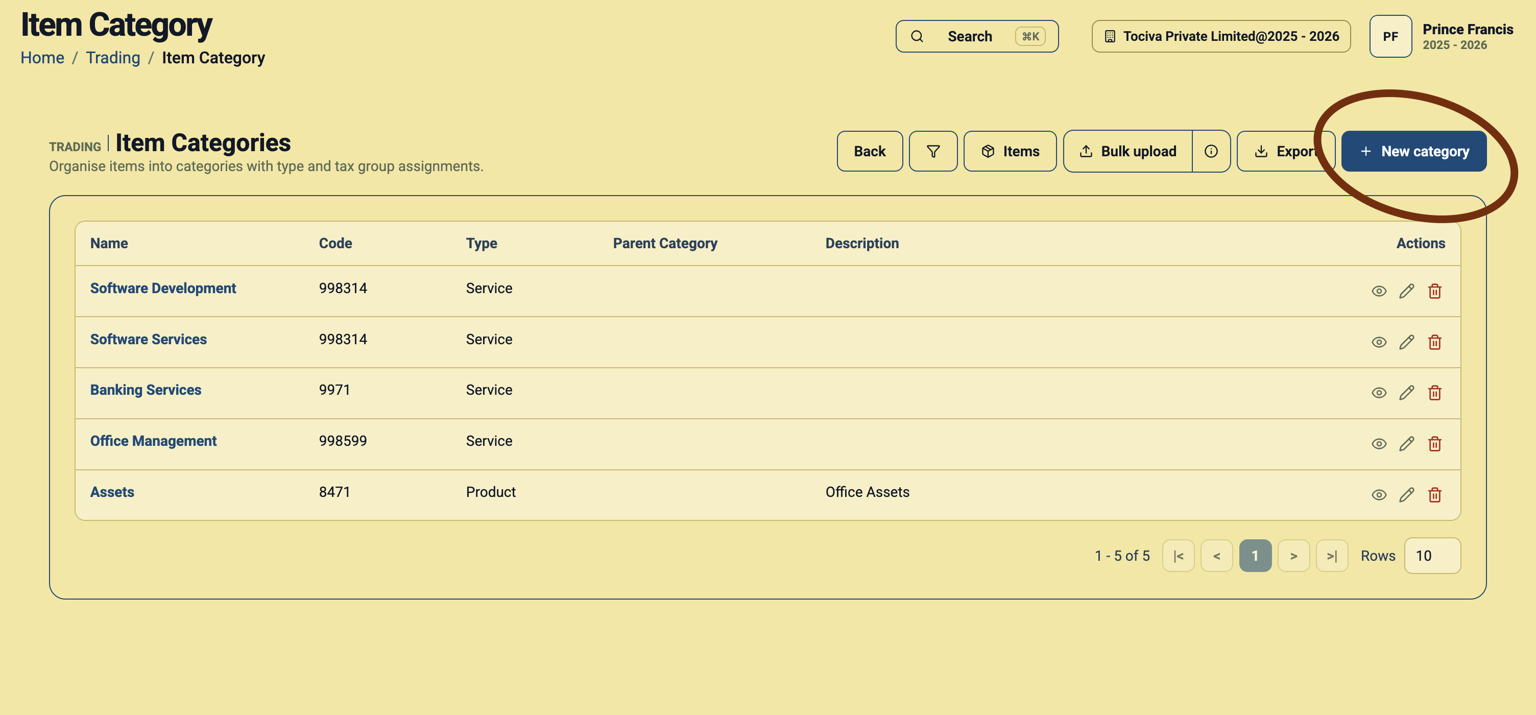 Item Categories list in Daybook.Cloud with the New category button highlighted