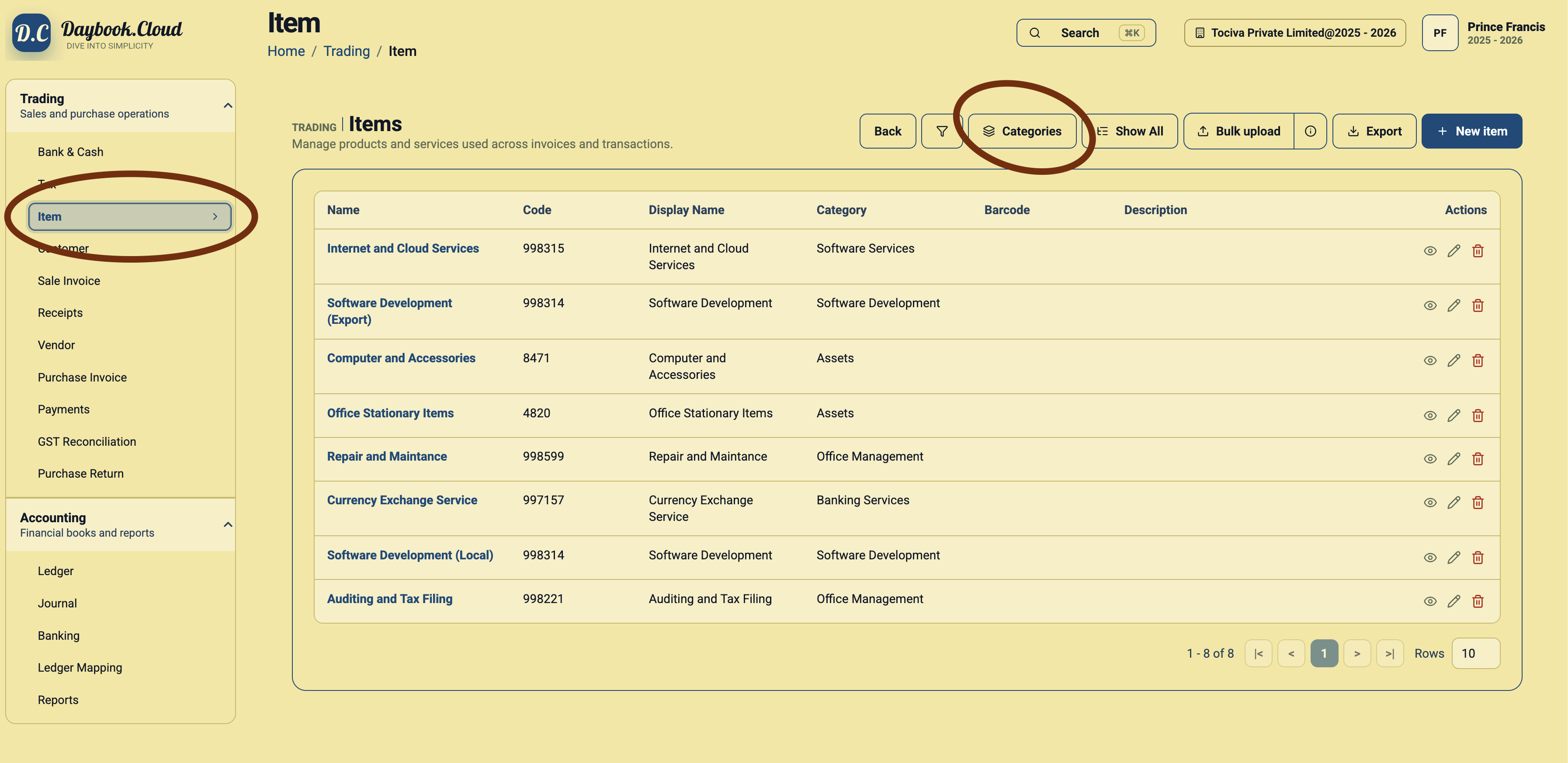 Item page in Daybook.Cloud with the Item menu and Categories button highlighted