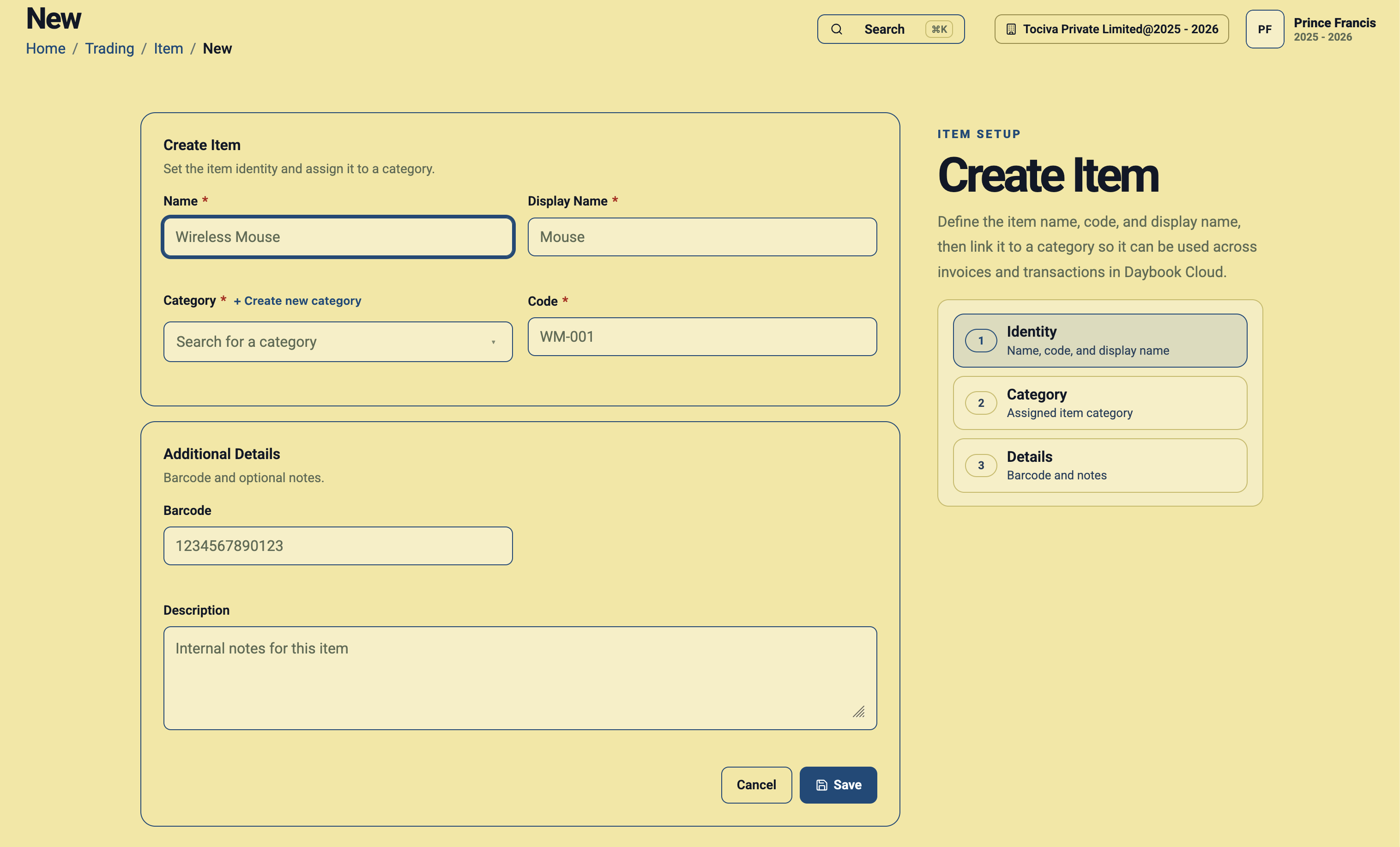 Create Item form in Daybook.Cloud showing name, display name, category, code, barcode, description, and save button