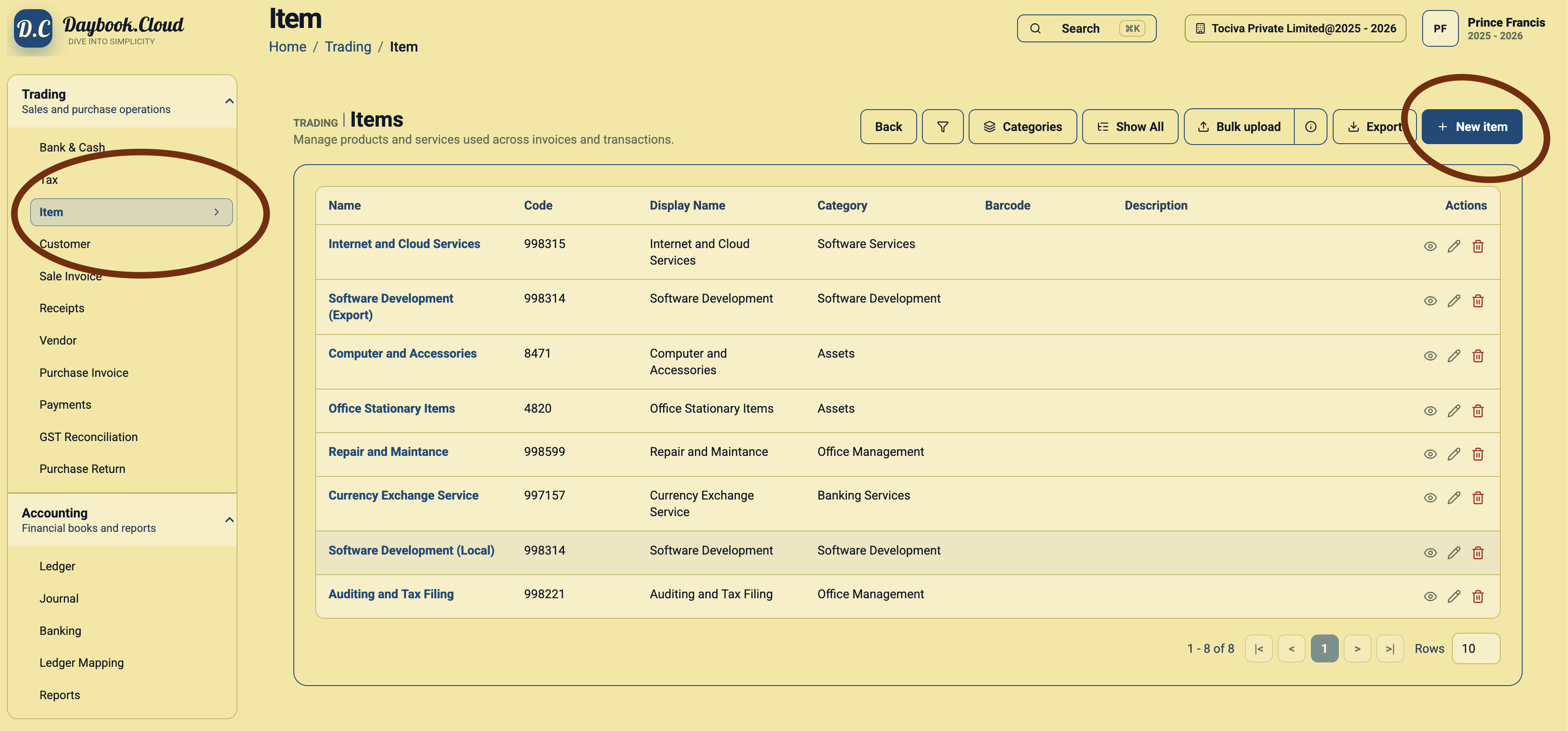 Items page in Daybook.Cloud with the Item menu and New item button highlighted