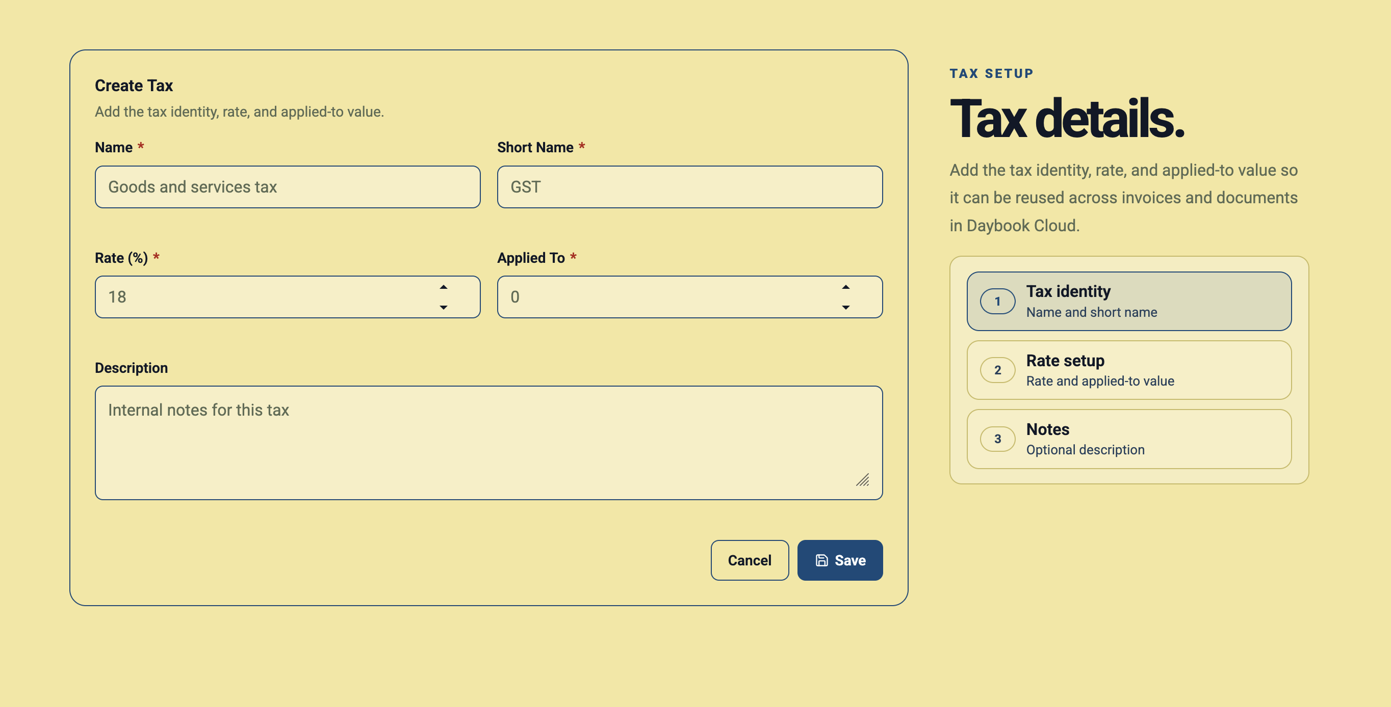 Create Tax form in Daybook.Cloud showing name, short name, rate, applied to, description, and save button