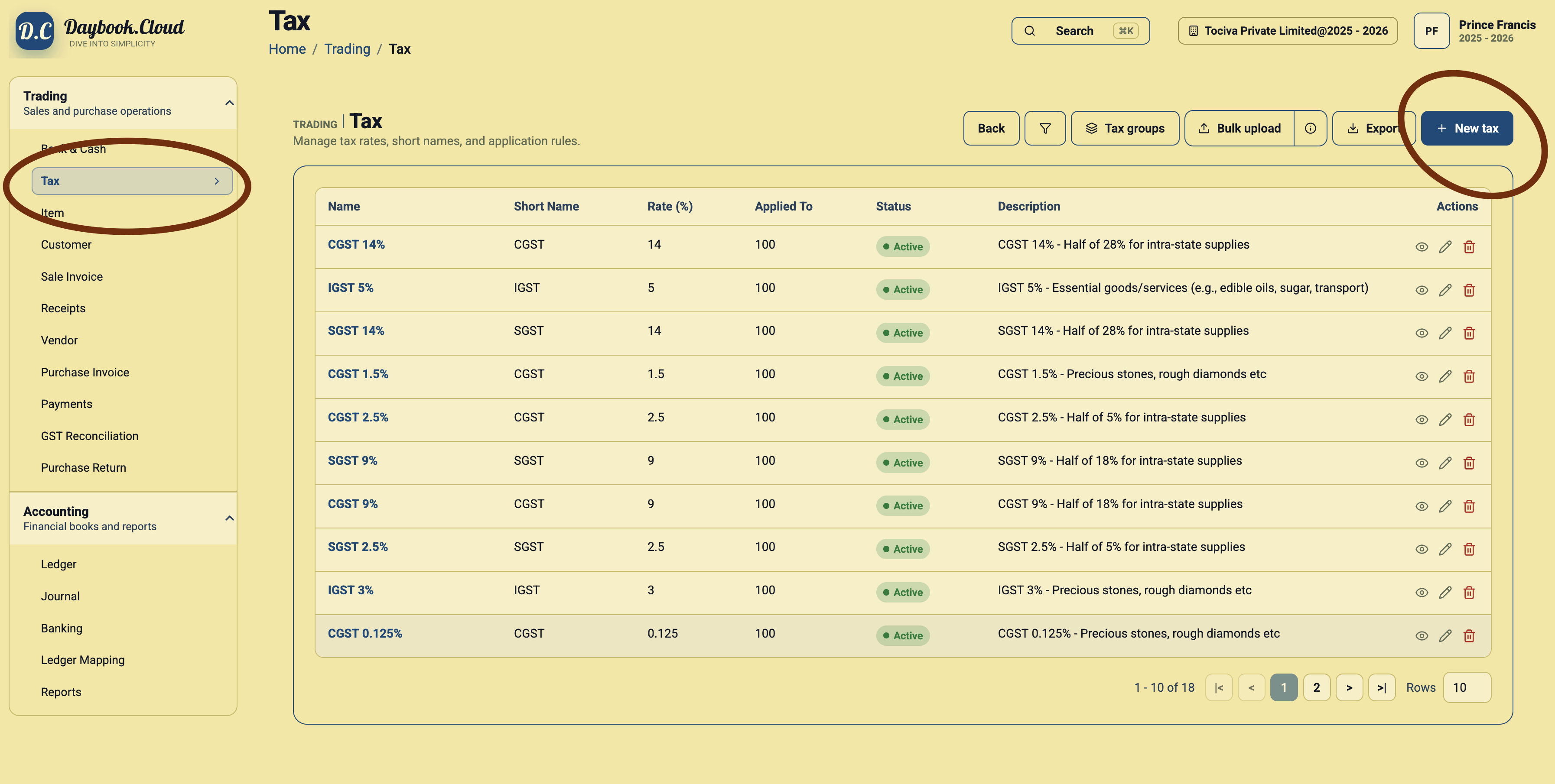 Tax list page in Daybook.Cloud with the Tax menu and New tax button highlighted