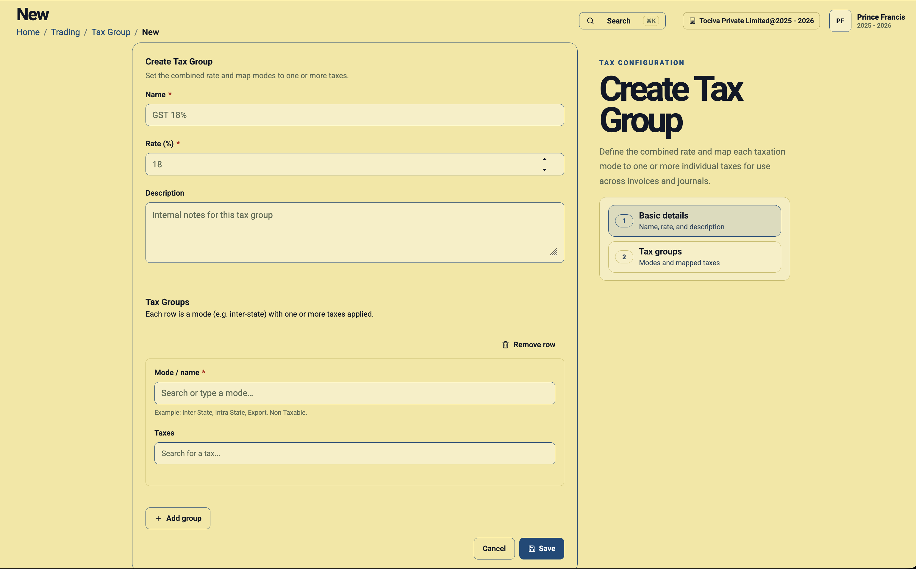 Create Tax Group form in Daybook.Cloud showing name, rate, description, tax group mode, taxes, add group, and save