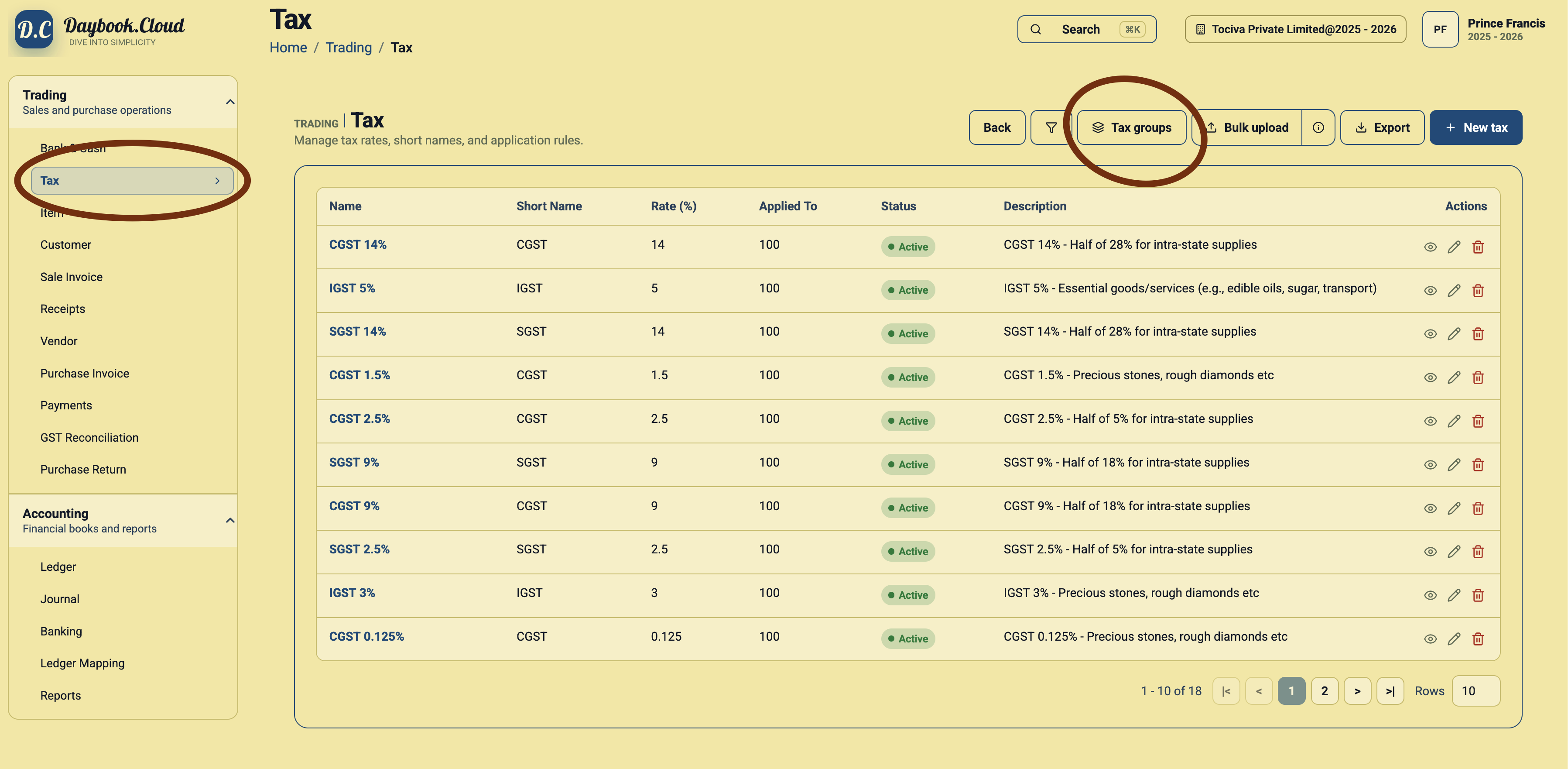 Tax page in Daybook.Cloud with the Tax groups button highlighted