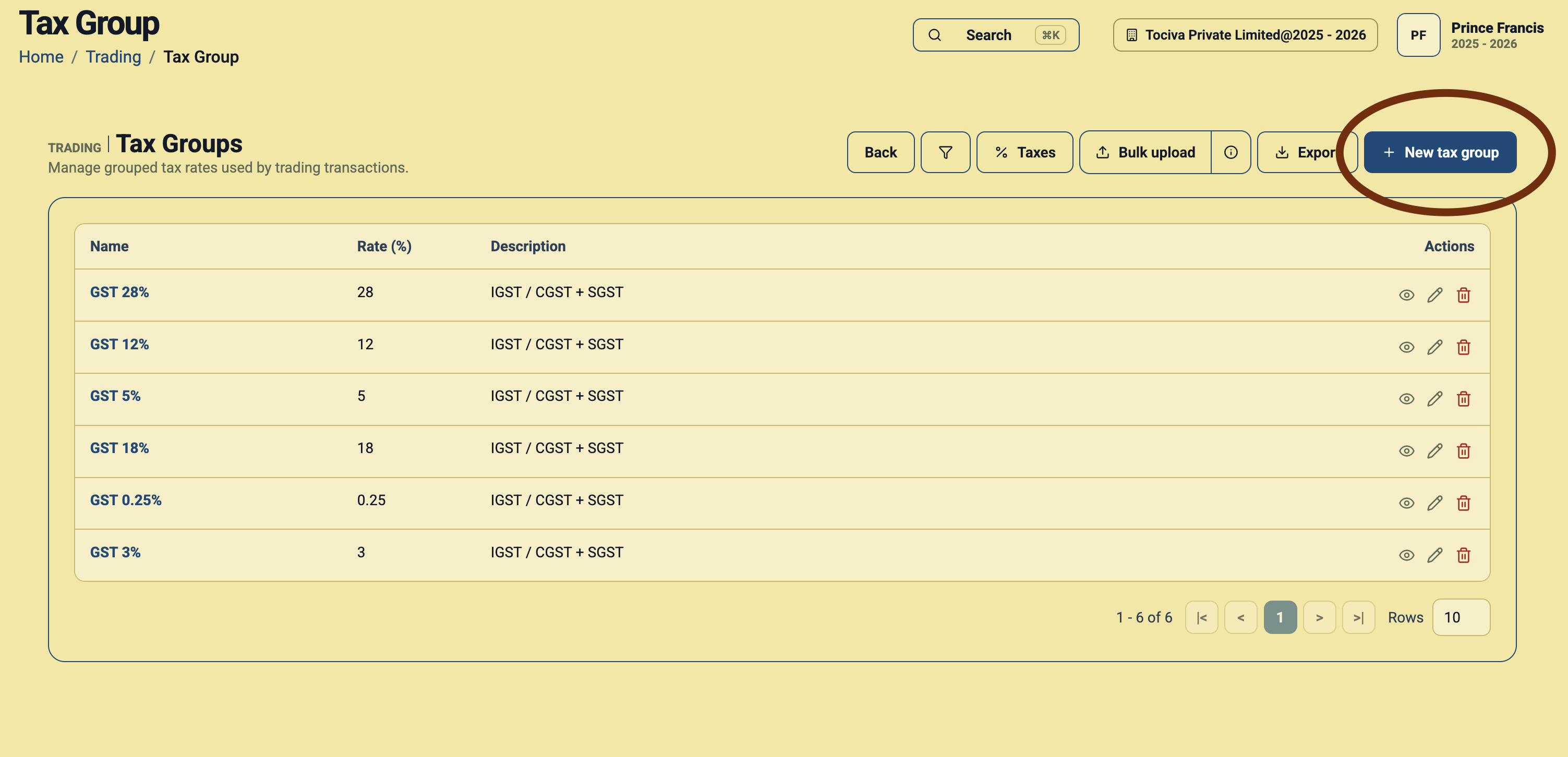 Tax Groups list in Daybook.Cloud with the New tax group button highlighted