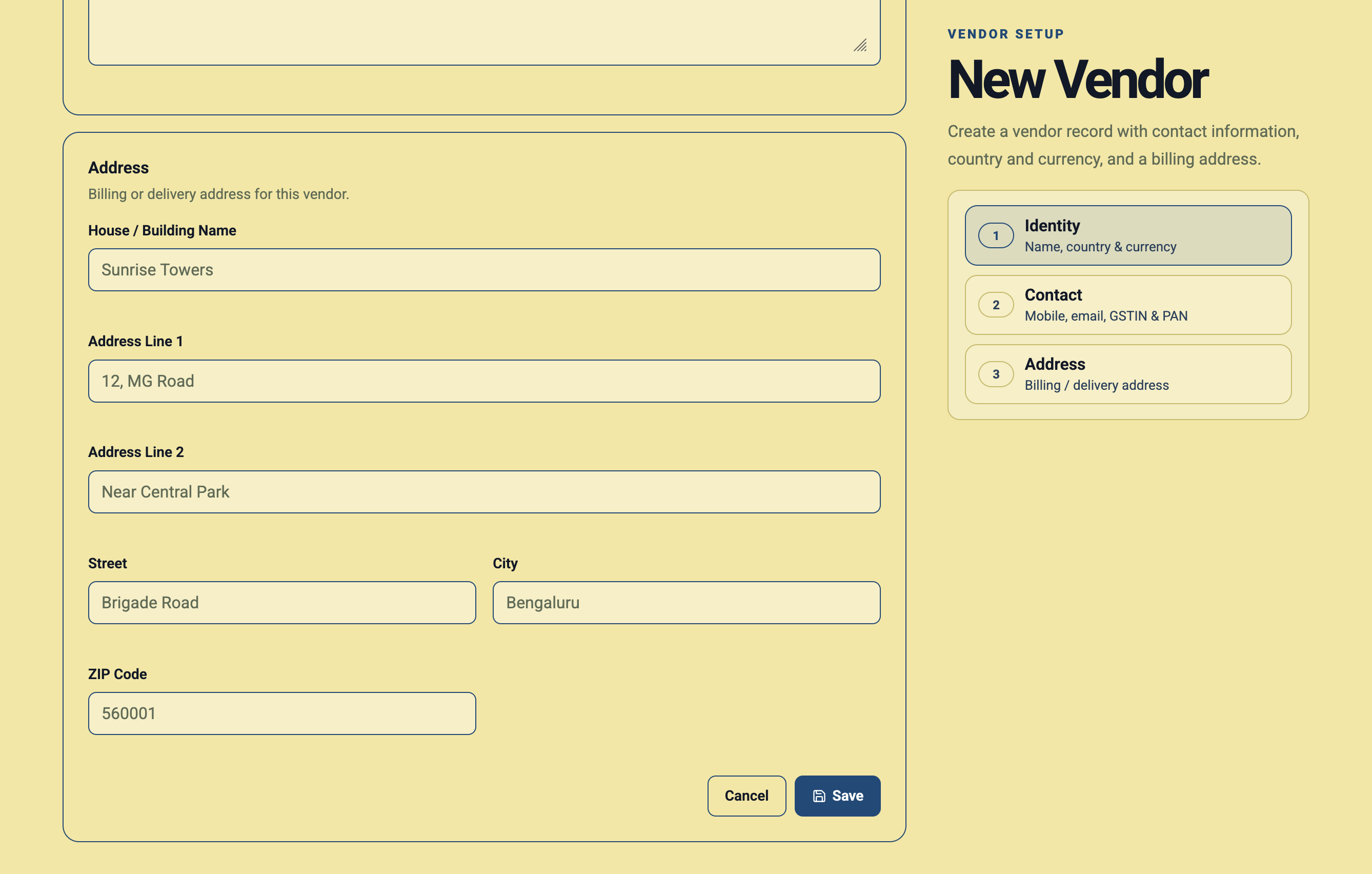 Address section of the New Vendor form in Daybook.Cloud showing building, address lines, street, city, ZIP code, and Save button