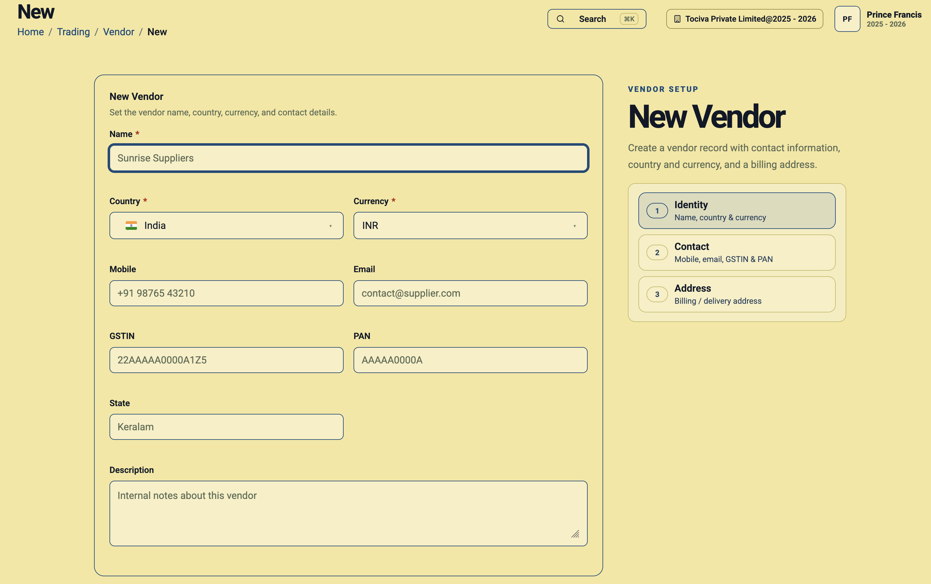 New Vendor form in Daybook.Cloud showing name, country, currency, mobile, email, GSTIN, PAN, state, and description fields