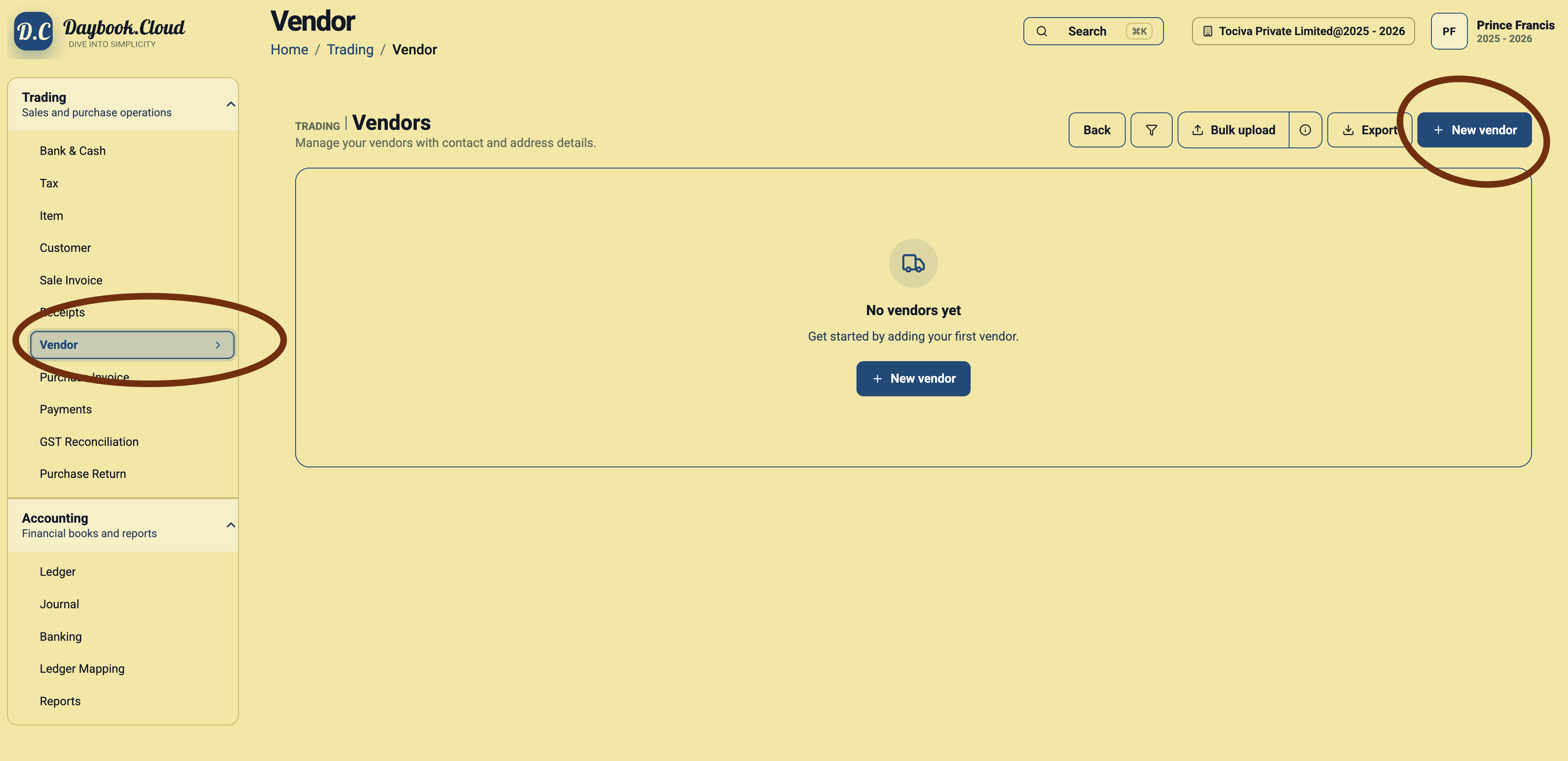 Vendors page in Daybook.Cloud with the Vendor menu and New vendor button highlighted